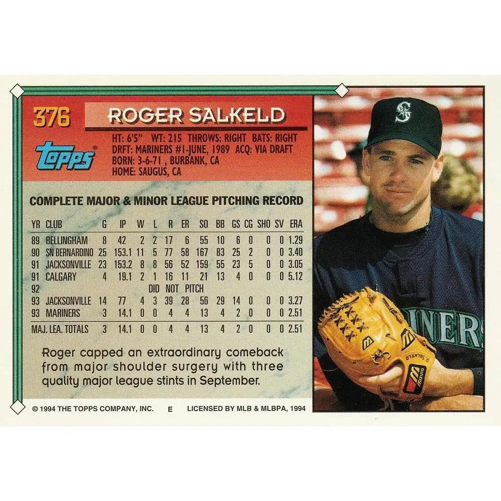 1994 Topps Roger Salkeld # 376 Seattle Mariners